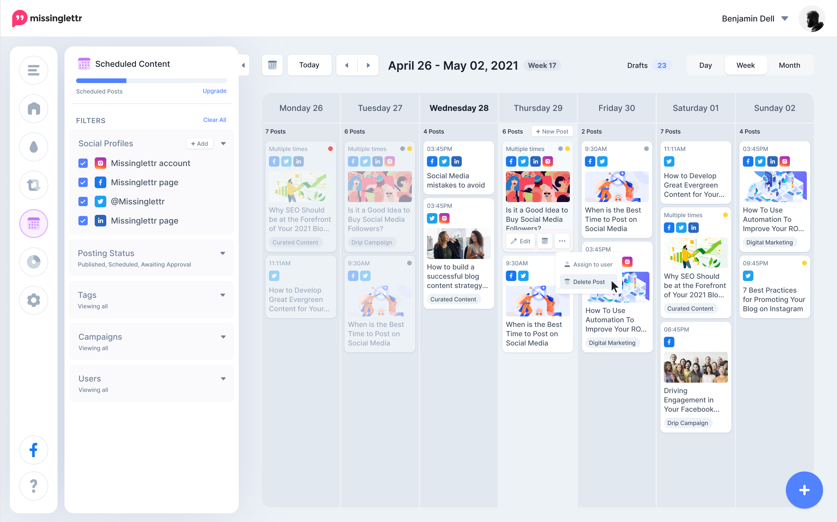 Illustration of a MissingLettr dashboard showcasing scheduled posts.