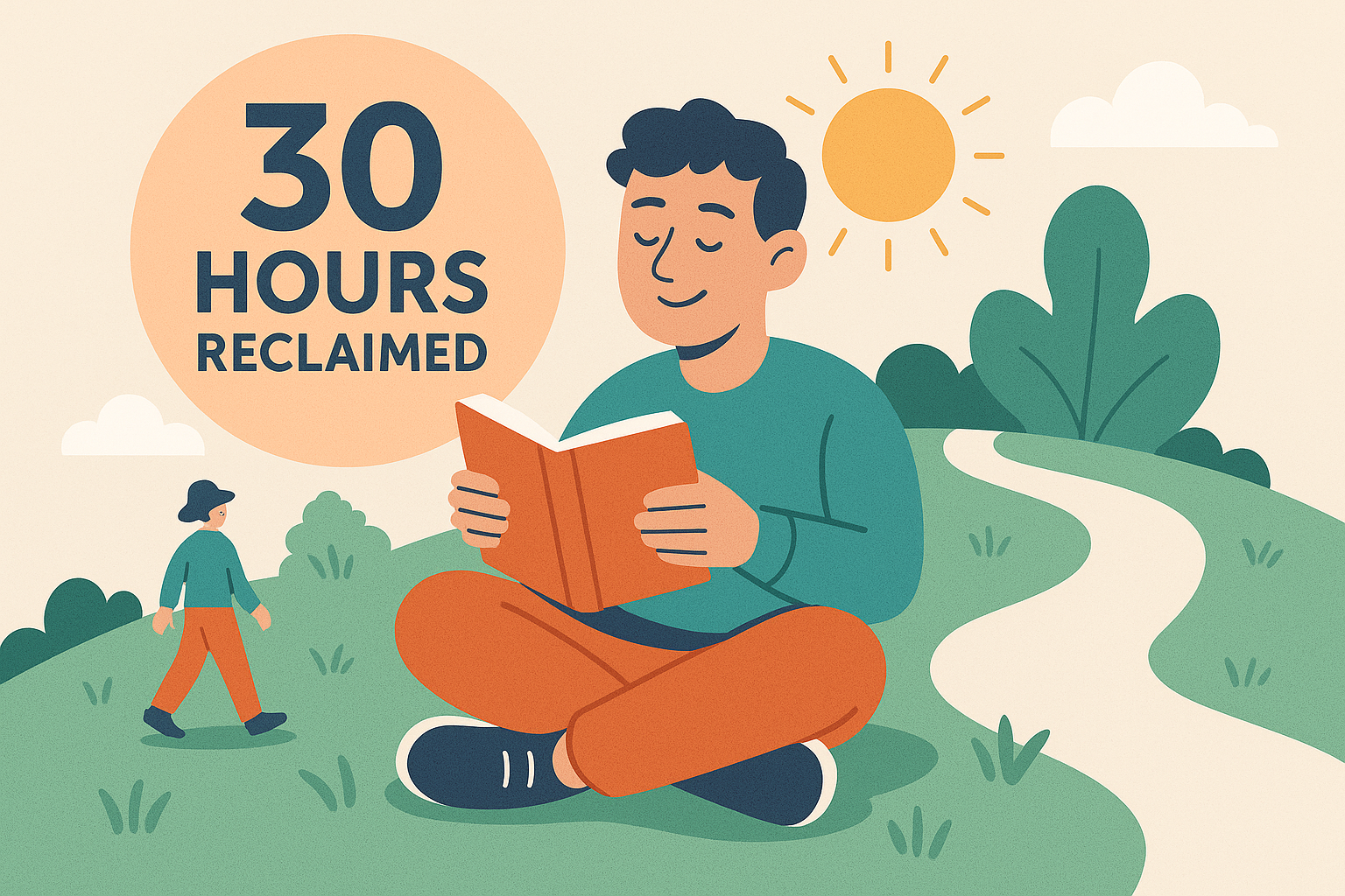 Flat-style digital illustration of a marketer enjoying personal and professional moments thanks to the 30 hours saved with automation.
