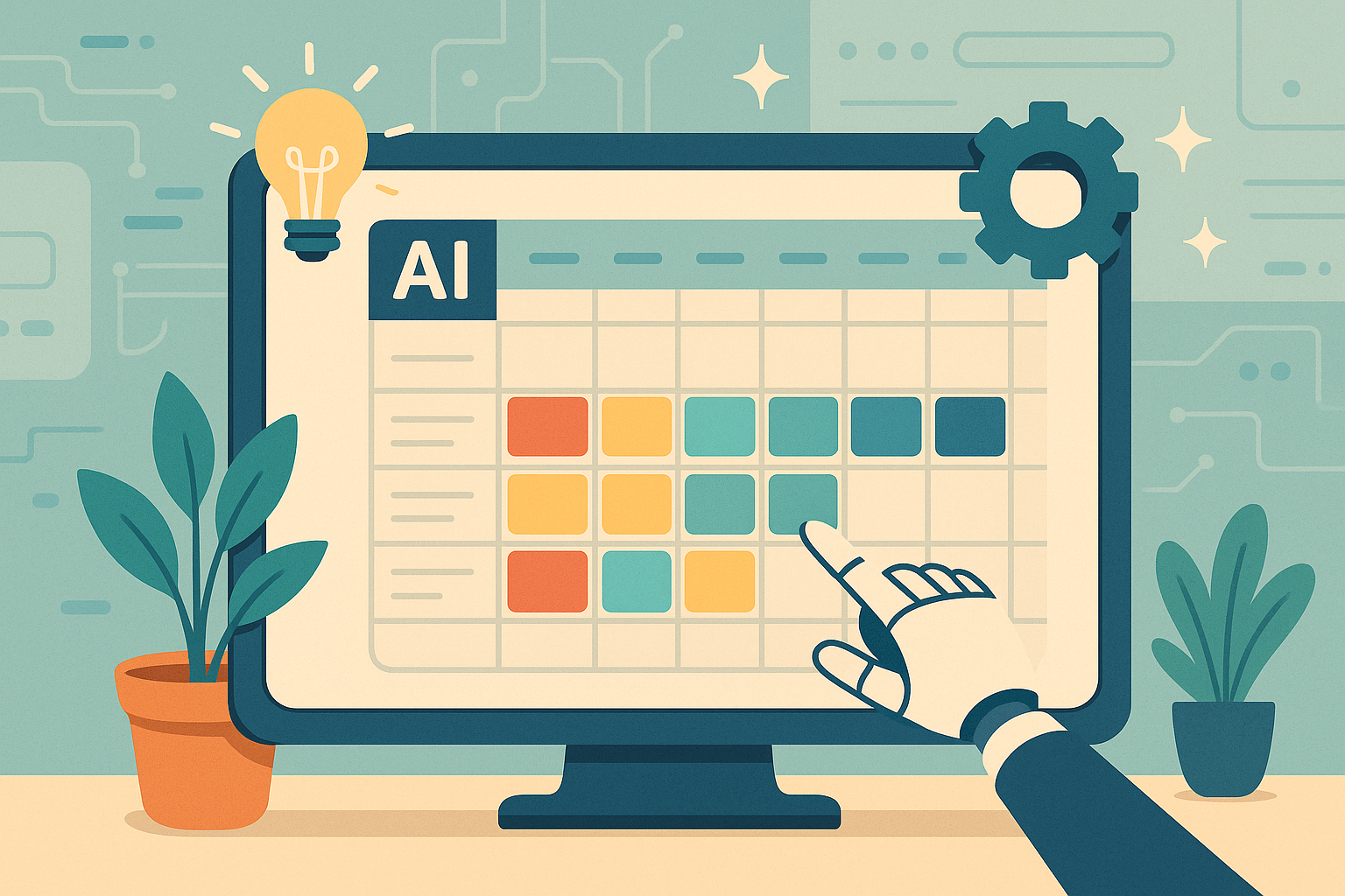 A creative workspace where a social media manager is reviewing AI-generated posts on multiple screens, blending automation with human editing.