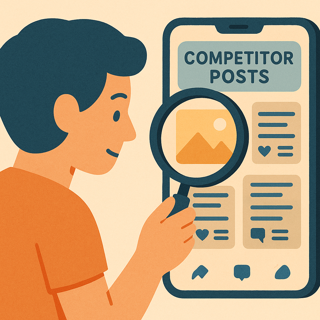 Person analyzing competitor posts with magnifying glass over smartphone screen.