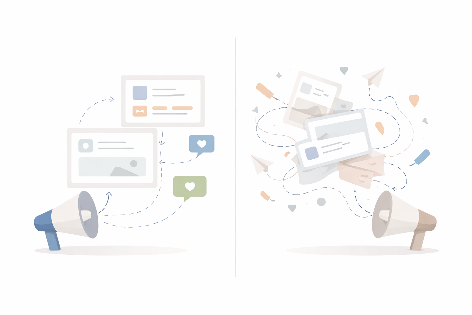 Minimal flat illustration showing content being amplified in two different ways — one clear and structured, the other chaotic — representing how social media automation can strengthen or weaken a content strategy.