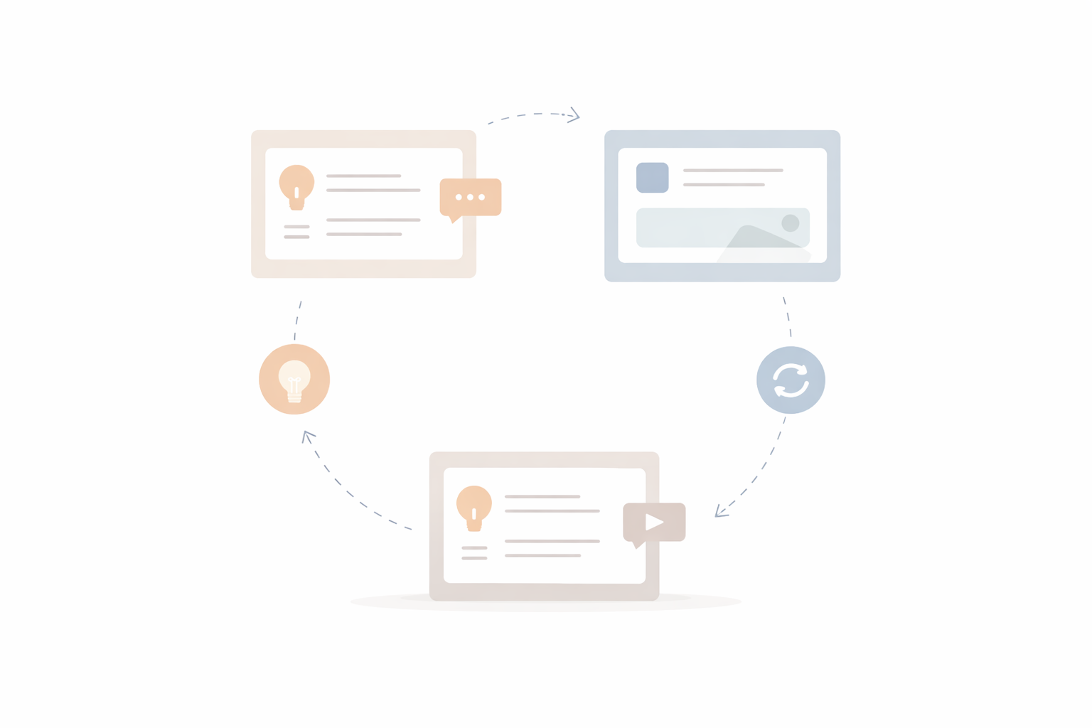 Minimal flat illustration of a circular content lifecycle showing ideas being reused and resurfaced over time, representing a sustainable content marketing strategy.