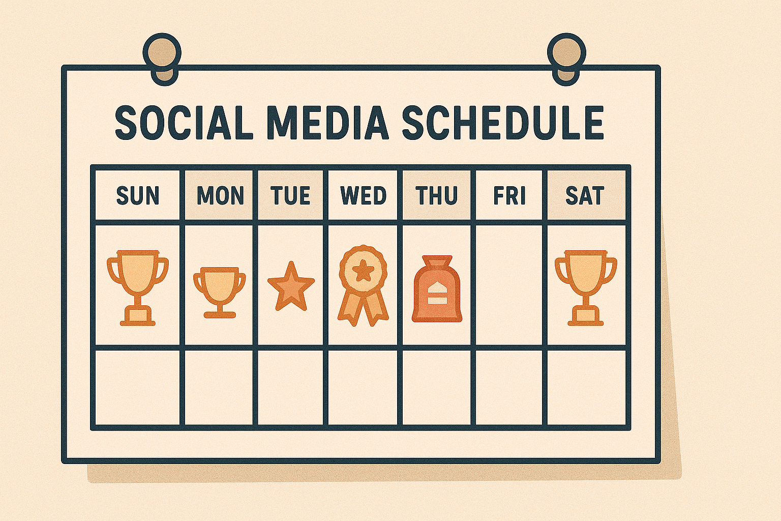 Flat-style visual showing a weekly content planner with icons for different awards posts used in social media automation.
