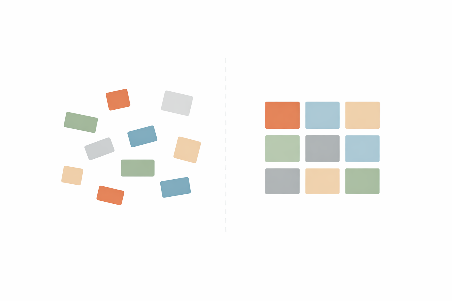 Abstract illustration comparing scattered content blocks on the left with neatly grouped blocks on the right, minimalist style, neutral colors, modern SaaS blog aesthetic, no text.
