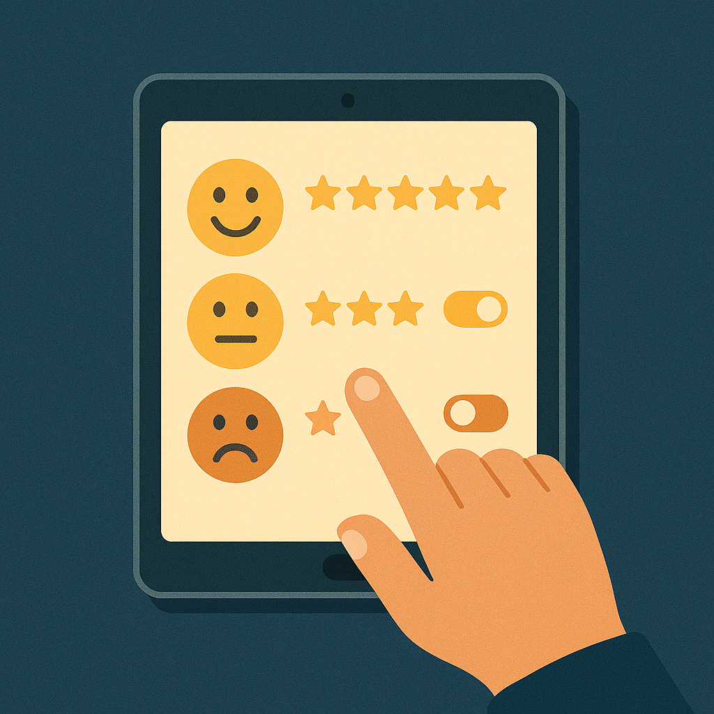 A hand tapping on a tablet screen that shows smiley faces, star ratings, and toggle switches — suggesting interaction like polls, quizzes, and feedback without any text labels