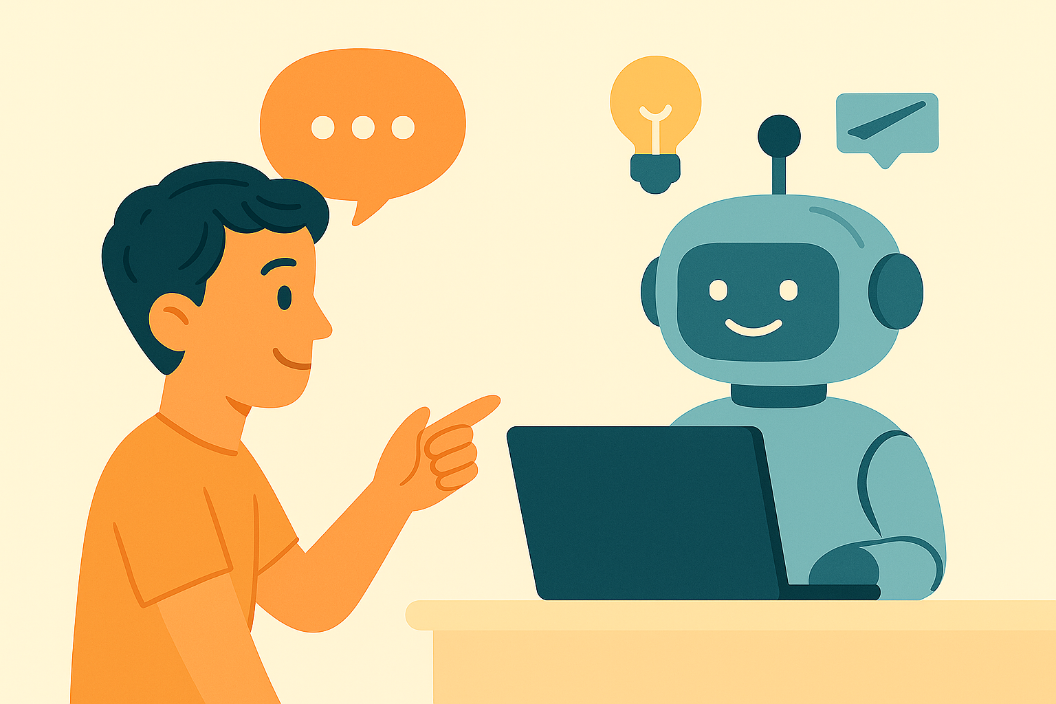 A friendly robot (chatbot) sitting at a desk or hovering next to a laptop, engaging with a person who’s reading a blog on their screen. Speech bubbles or icons (hearts, lightbulbs, paper planes) float between them to represent conversation and engagement.