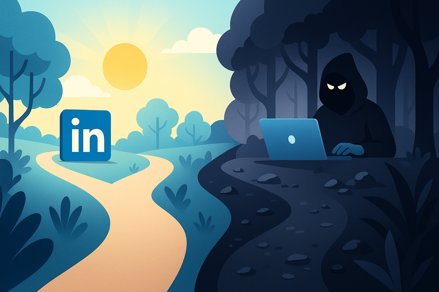 A forked path through a digital forest—one path is well-lit and smooth (safe automation), the other is rocky and dark (black-hat tools).