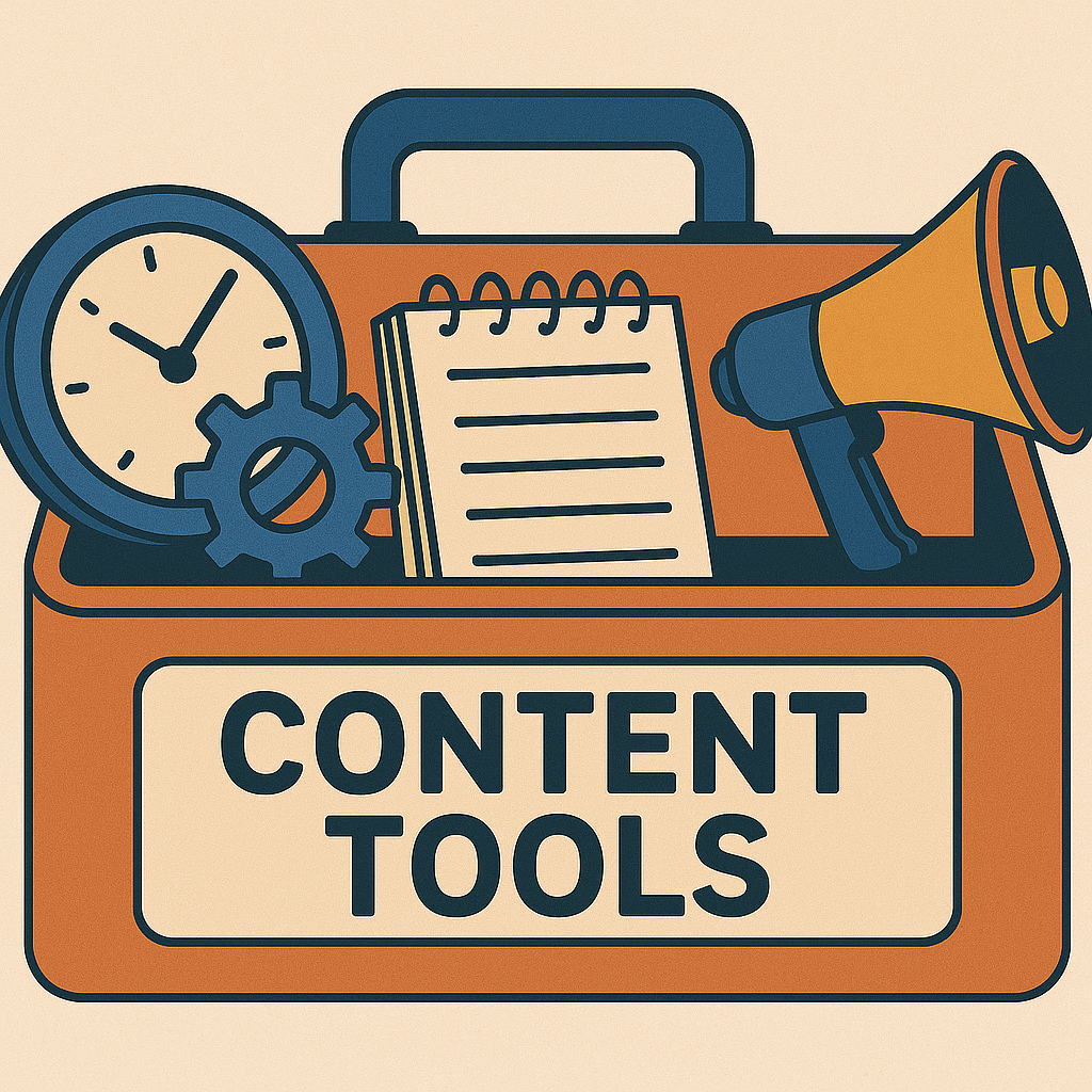 A creative digital illustration of essential tools used to automate and organize a year-long content calendar strategy.