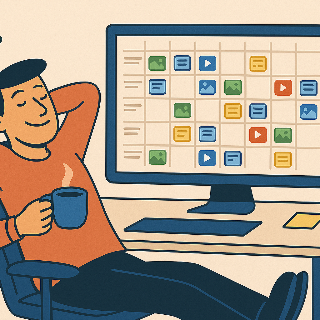 A flat-style image showing a marketer using an automated content calendar filled with digital post icons for blog posts, social media, and campaigns.