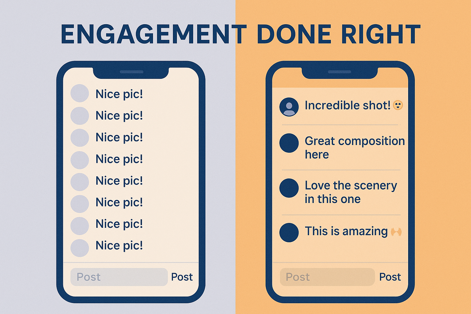 Two mobile mockups comparing spammy automated comments with thoughtful, personalized responses from a curated library. A great visual for Instagram engagement best practices.