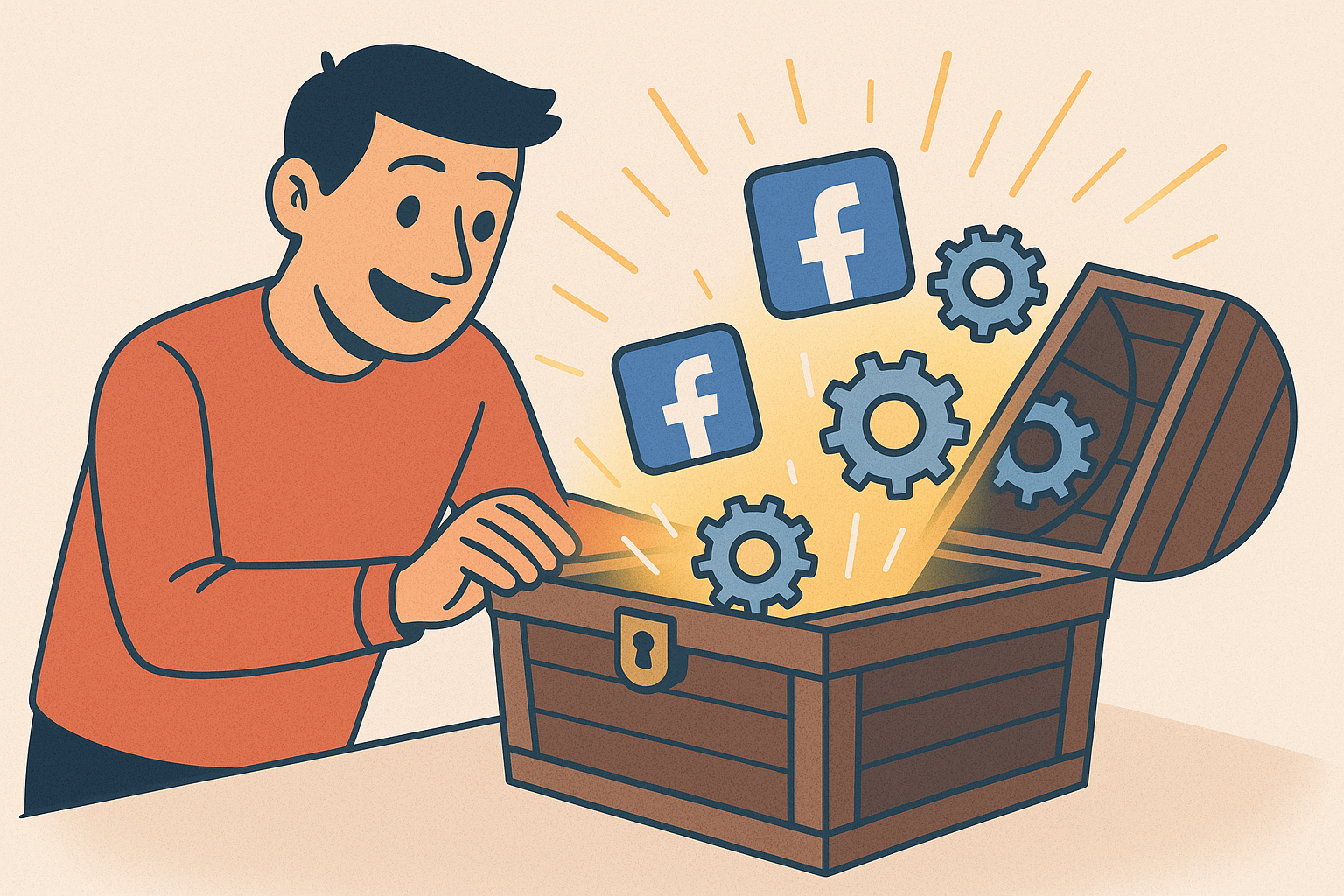 A digital illustration of a calm robot managing a Facebook interface while a stressed marketer watches from behind.