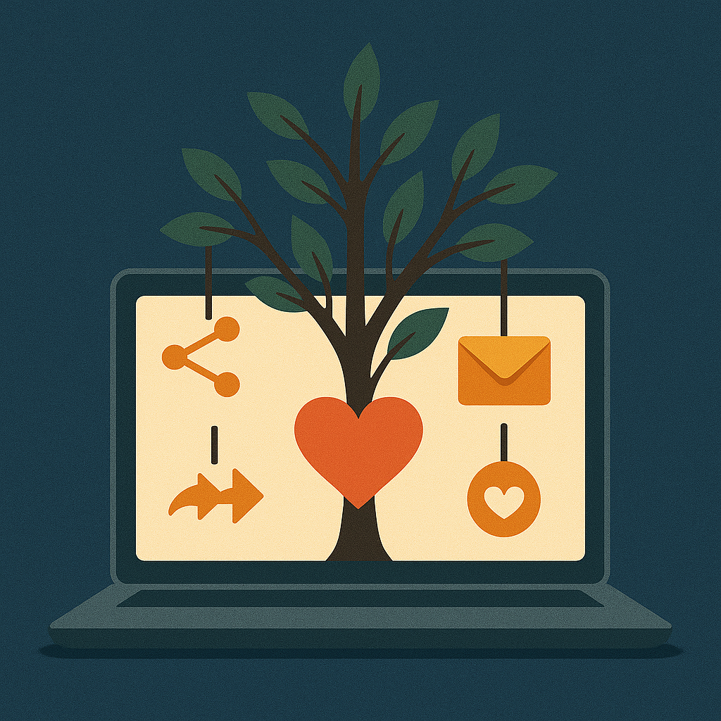 A tree growing from the center of a laptop, with icons like shares (arrows), hearts (likes), and envelope (newsletter) hanging from the branches — representing growth driven by chatbot-facilitated engagement.