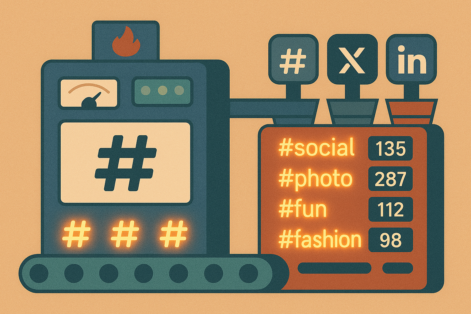 An illustration of an automated system processing and distributing hashtags across multiple social media platforms.