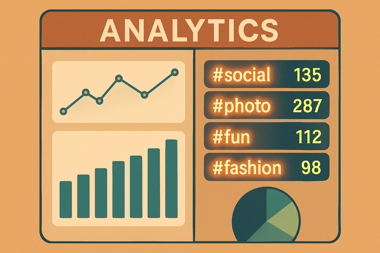A graphic dashboard showing performance metrics and hashtags being optimized through automation tools.