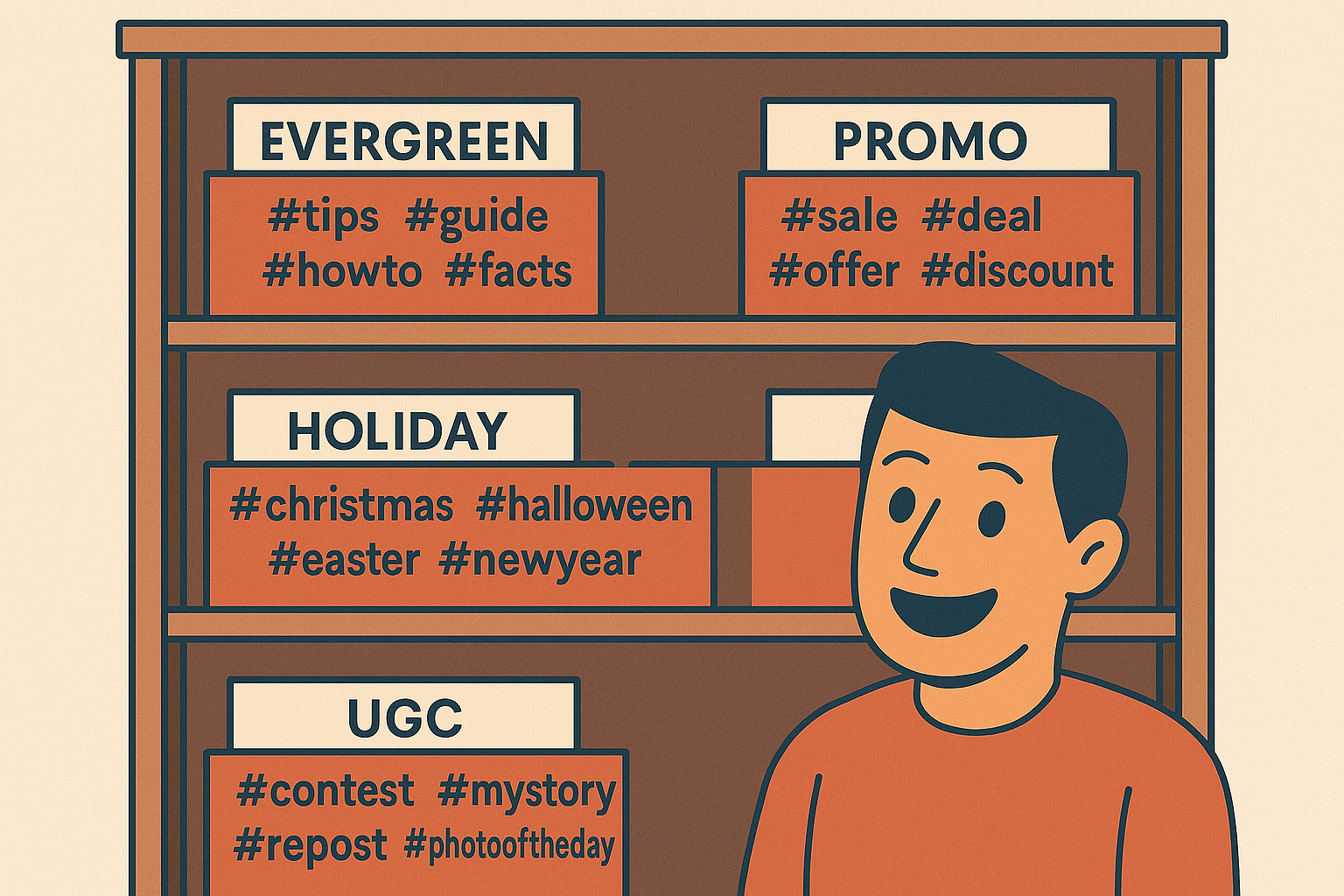 A stylized illustration of categorized hashtag libraries to represent organized automation strategy.