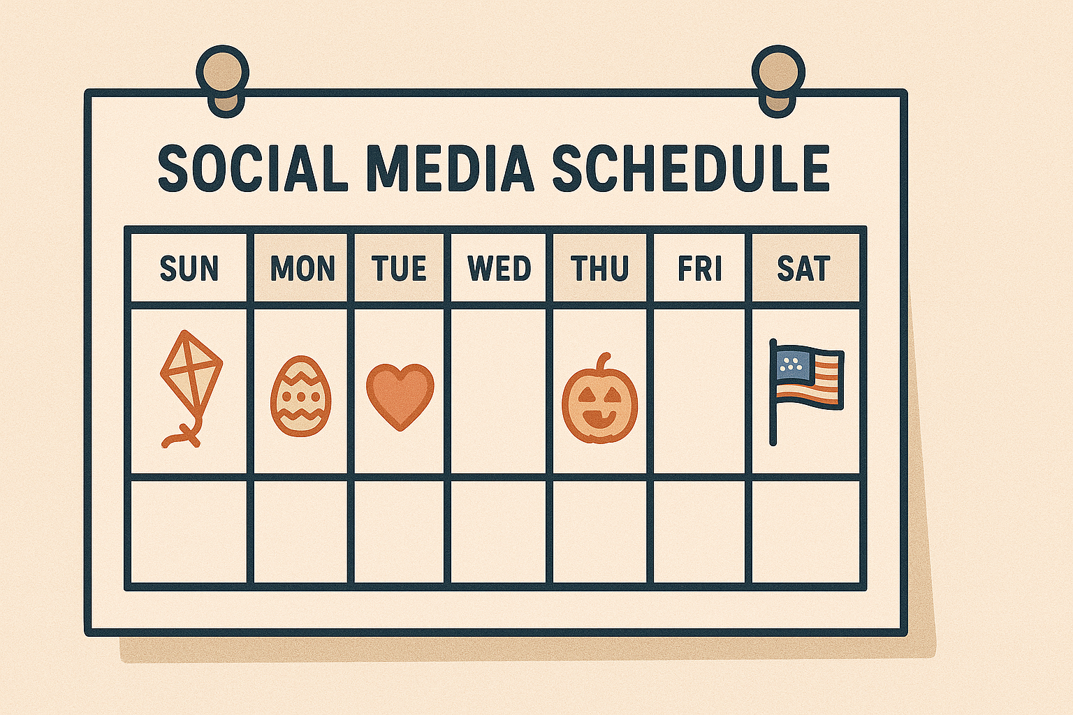 Flat-style visual showing a weekly content planner with icons for different holiday posts used in social media automation.