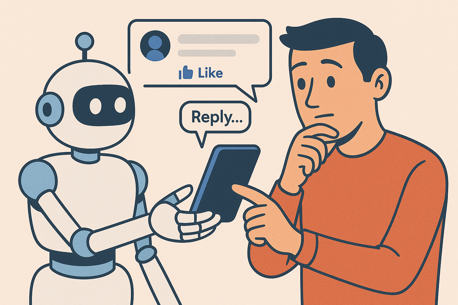 A friendly robot and marketer collaborating over a Facebook comment thread, representing human-assisted automation.