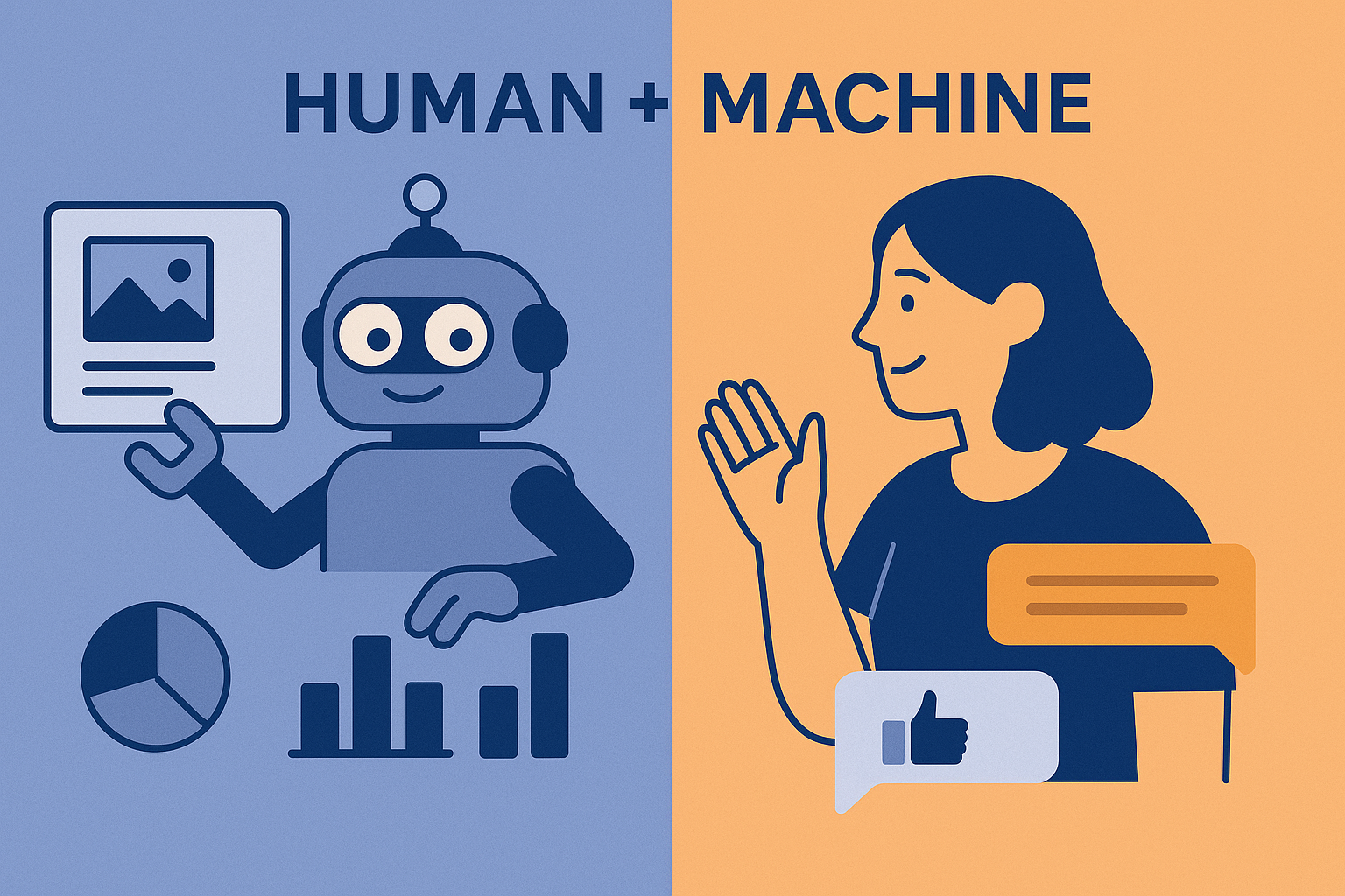 A balanced visual of a bot managing content automation on one side and a human marketer responding to followers on the other. Highlights ethical Instagram automation techniques.