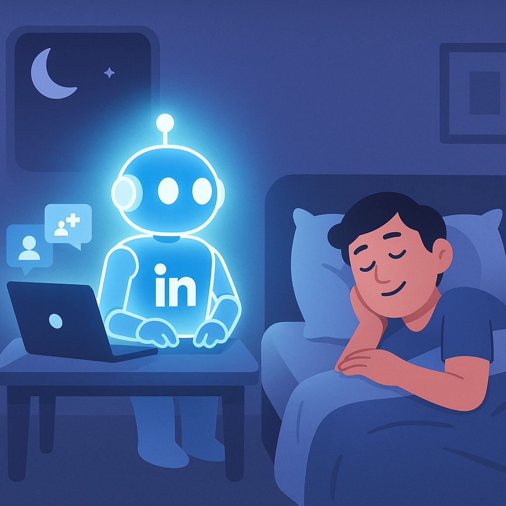A marketer sleeping peacefully while a glowing LinkedIn robot works at a laptop beside them, sending messages and connecting with leads.