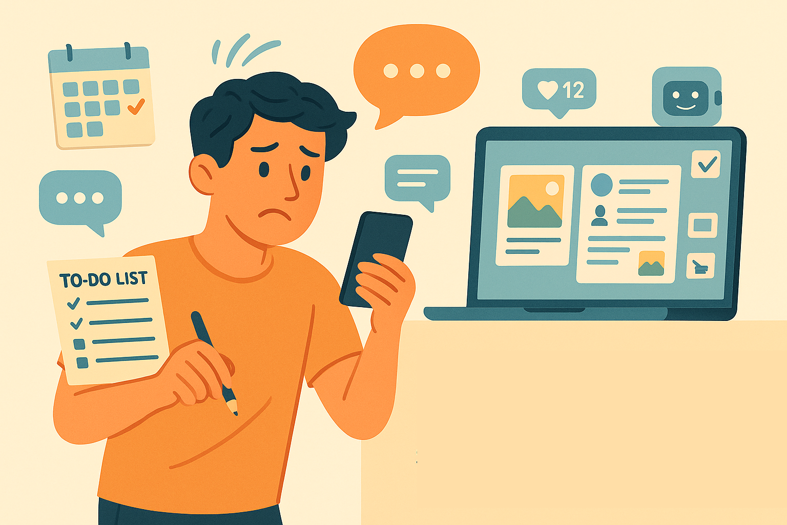 A marketer surrounded by chaotic to-do lists while an automated social media dashboard operates smoothly in the background – flat digital illustration.