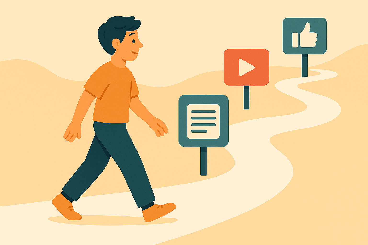 A person walking along a winding path, with signs shaped like articles, video icons, and thumbs-up icons guiding them forward — representing how chatbots suggest personalized content along the reader’s journey.