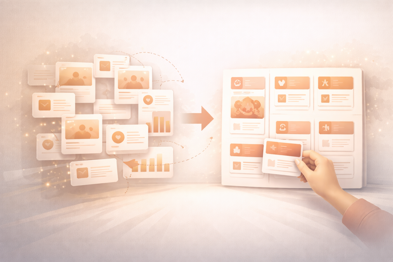 Illustration of a structured social media strategy audit dashboard with checklist in warm peach tones.