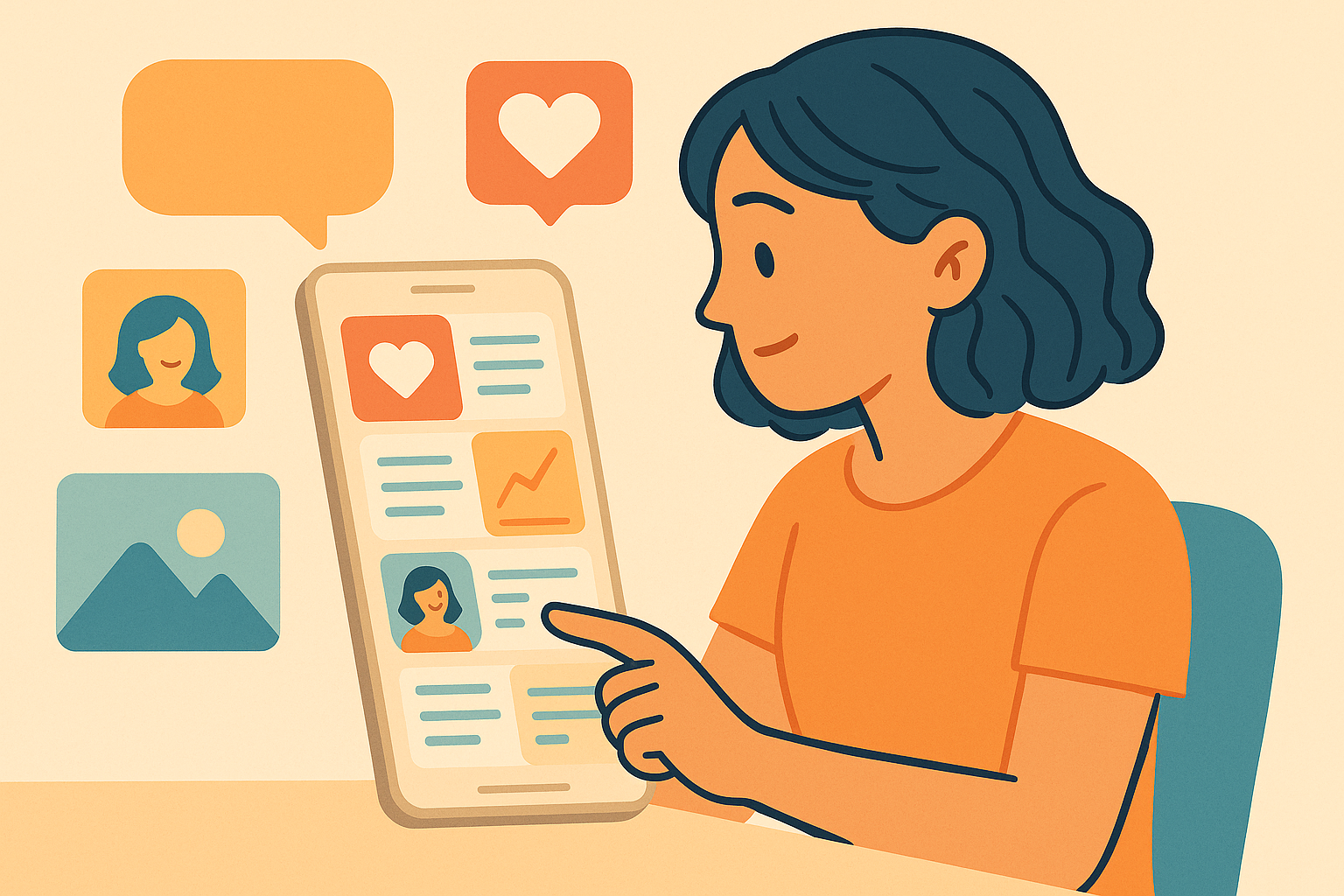 Person scrolling through attention-grabbing social media content on phone in flat design