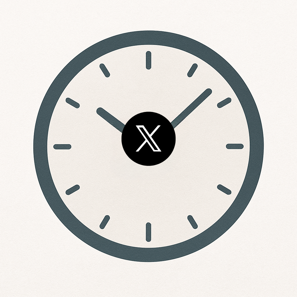 A clock with a Twitter/X tweet icon in the center, visually expressing the concept of automated posting times.