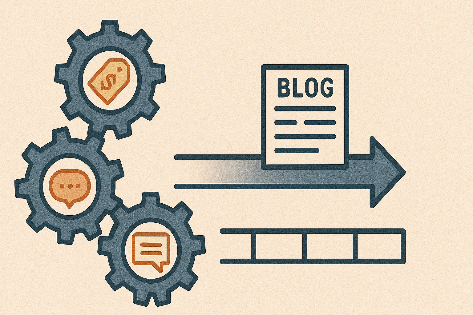 Digital illustration of a social media marketer automating diverse content types like promotions, evergreen posts, and UGC on a content calendar.