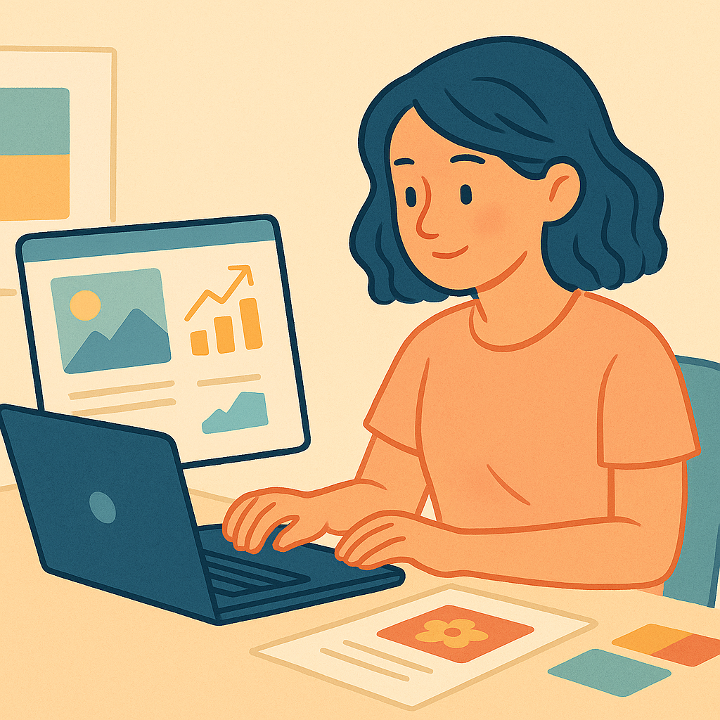 Social media manager working on graphic designs for scheduled posts.