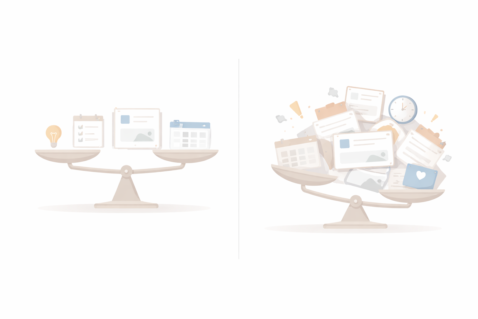 Minimal flat illustration representing sustainable workflow versus overload, one side balanced with evenly spaced elements and the other crowded and overwhelming, soft neutral palette, clean SaaS style, no text