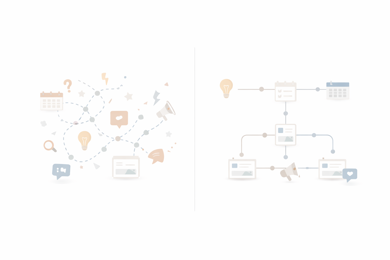 Illustration comparing chaotic and structured social media workflows, highlighting the importance of having a clear content system.